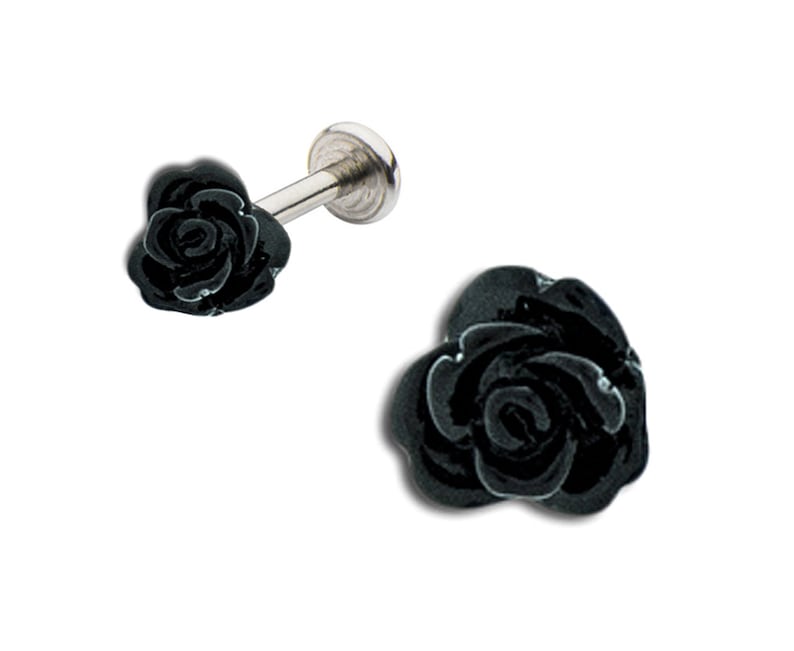 Red Black Pink White Rose 3d Flower Labret Monroe lip tragus Ear piercing Flexible Bioplastic or Surgical Steel Ring 16g or 14g Aqua