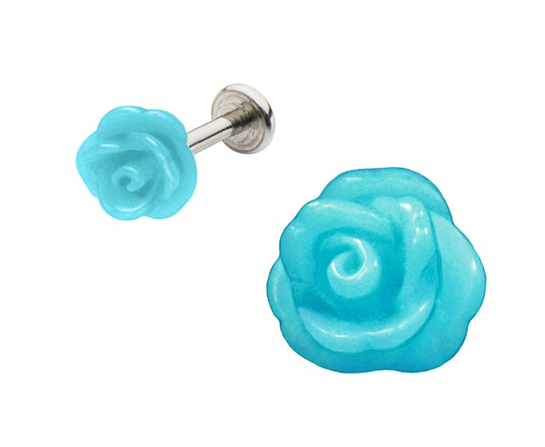 Red Black Pink White Rose 3d Flower Labret Monroe lip tragus Ear piercing Flexible Bioplastic or Surgical Steel Ring 16g or 14g Aqua