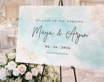 Modelo editável de placa de boas-vindas para casamento | Jardim encantador em tons de verde sálvia (Download digital)