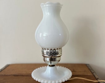 Vintage milk glass lamp with chimney style shade, vintage milk glass table lamp