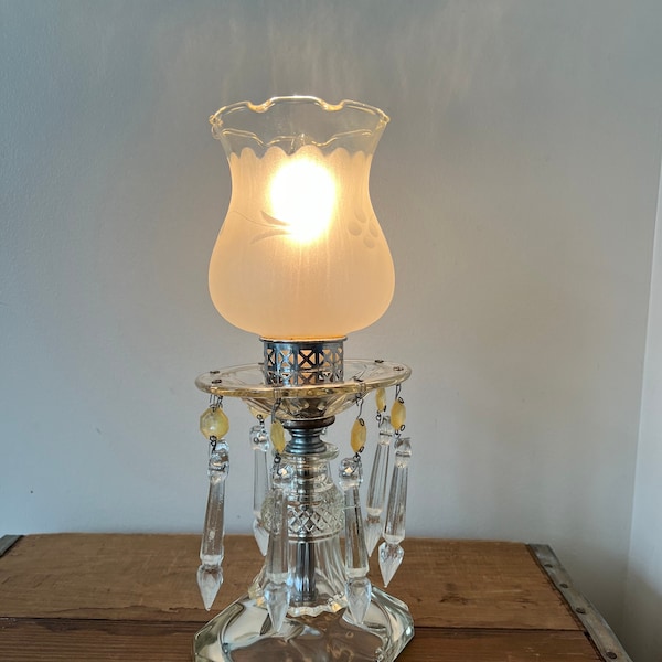 Vintage hurricane table lamp with glass charms, vintage glass boudoir lamp with hanging glass charms