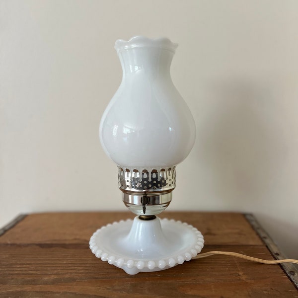 Vintage milk glass lamp with chimney style shade, vintage milk glass table lamp