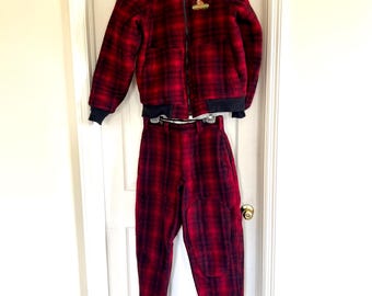 Vintage Woolrich jacket, Woolrich red and black plaid hunting jacket and pants, vintage Woolrich hunting coat, Woolrich jacket and pants set