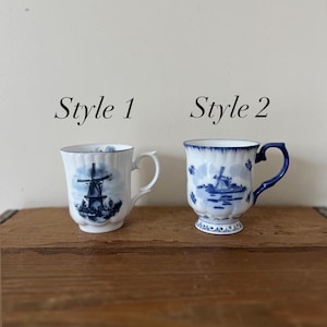 Vintage delft blue tea cup, vintage porcelain blue and white windmill  mug hand painted in Holland