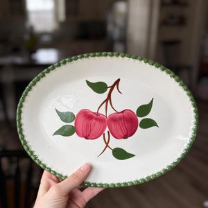 Puede incluir: Plato ovalado de cerámica con base color crema y borde festoneado verde. El plato presenta un diseño pintado a mano de dos manzanas rojas con hojas verdes y tallos marrones. Una pieza decorativa para servir.