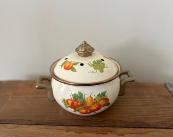 Vintage enamel and brass simmer pot, enamel and brass strainer pot with fruit design, enamel potpourri simmer pot 1980s