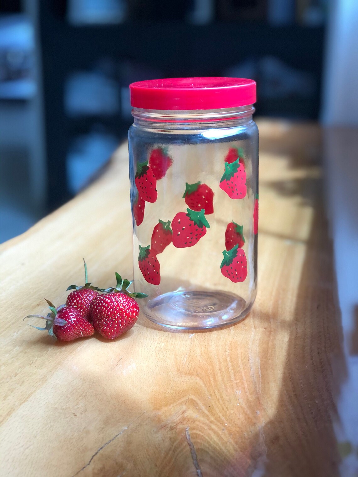 Vintage Strawberry Print Jar with Red Screw Lid Etsy