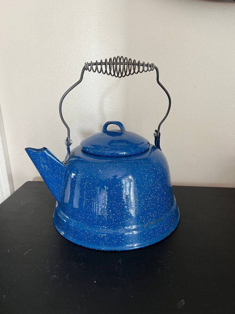 Vintage Blue Speckled Enamel Tea Kettle Vintage Enamel Tea Etsy
