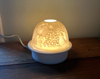 Vintage votive light, white fairy lamp, Limoges white porcelain dome lamp with winter scene, electric fairy lamp