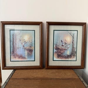 May include: Two framed prints featuring wildlife art of ducks in flight over a marshy landscape at sunset. Each print is encased in a dark brown wooden frame with a textured beige matting and a thin dark green inner border, signed by the artist.