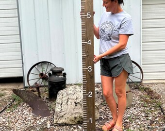 May include: A wooden ruler with white numbers from 1 to 6. The ruler is standing upright against a white wall. A person is standing next to the ruler.