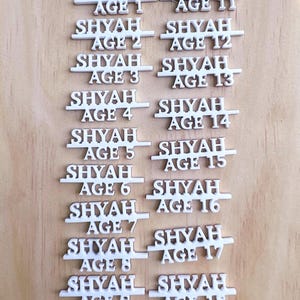May include: A collection of white, laser-cut wooden plaques featuring the name SHYAH followed by BIRTH and AGE 1 through AGE 18. Each piece consists of a horizontal bar with the name on top and the corresponding age or birth status below.