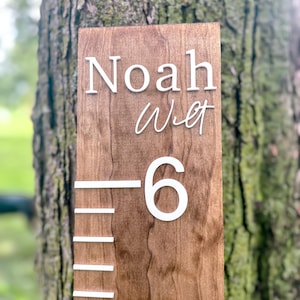 May include: A wooden growth chart with white lettering that reads "Noah" and "Wt" with a white number "6" on the chart. The chart is brown with a wood grain pattern.