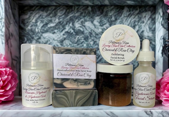 Luxury Facial Care | Goat Milk | Rosewater Hydrosol | Activated Charcoal | Rose Clay | Exfoliate Cleanse | Moisturizer | Hyaluronic Acid |