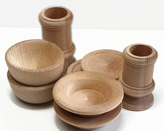 Wood Set of Kitchen dishes for two - Waldorf, Montessori, Reggio, Wooden Unfinished & blank crockery with plates, bowls, cups, American made