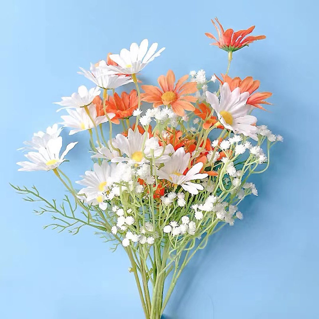 5 Heads White Daisies Artificial Flowers Long Branch Bouquet Etsy