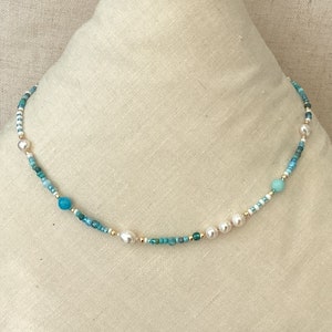 Aria. Necklace, choker, freshwater pearls, seed beads aqua, blue turquoise, white