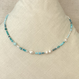 Aqua Seed Bead Necklace: Freshwater Pearl, Silver Accents