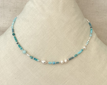 Isla. Seed bead, pearl necklace, aqua blue, bluey green, white, silver colour beads