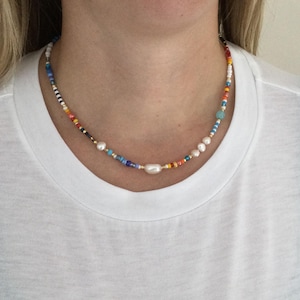 Multicoloured Seed Bead Necklace: Freshwater Pearl & Blue Stone