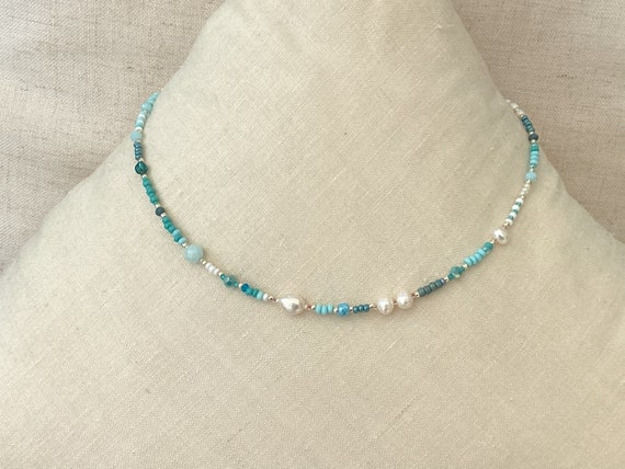 Seed Bead Pearl Necklace Aqua Blue Bluey Green Silver - Etsy UK