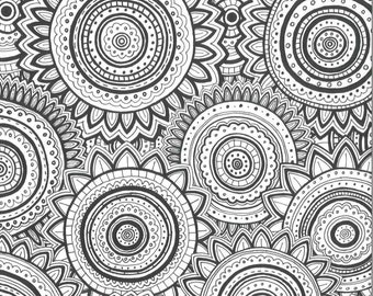 May include: Black and white mandala pattern featuring intricate circular designs. The pattern includes various sizes of detailed floral and geometric elements, creating a complex and visually engaging artwork. The design is suitable for coloring or decorative purposes.