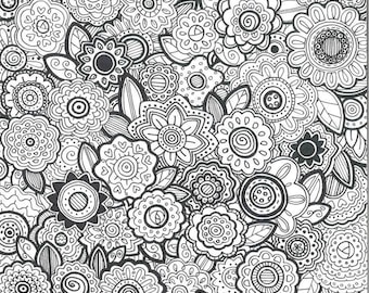 May include: A black and white coloring page featuring a dense, intricate pattern of various stylized flowers and leaves. The design consists of numerous circular blossoms with diverse geometric details, swirls, and petals filling the entire space.