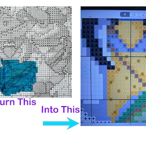Puede incluir: Imagen que muestra un patrón de punto de cruz en progreso, con un gráfico en blanco y negro a la izquierda y una representación digital a la derecha. Se muestra el texto "Easily Turn This Into This".