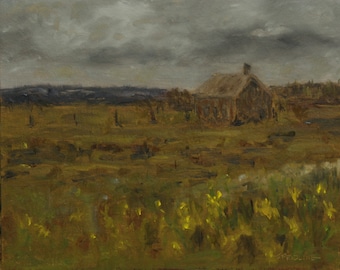 Original landskapsoljemålning - 8x10 olja på panel - Gammal bondstuga