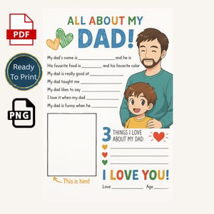 Afdrukbare Vaderdag voor kinderen – Alles over mijn vader Interview, kaart invullen, leuk doe-het-zelfcadeau van kind, direct downloaden