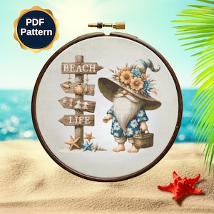 Gnome Cross stitch pattern PDF, beach life Gnome Cross Stitch, Cute Gnome Embroidery Instant Download File, Wall Decor
