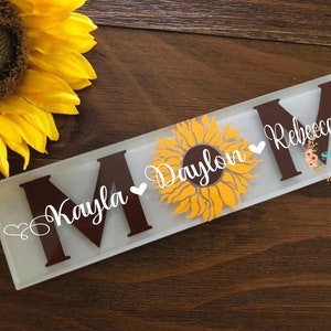 Personalized Sunflower Wall Sign for mom and child's names, Sunflower Home Decor glass plaque, glass tile, Mother's day gift, gift for mom