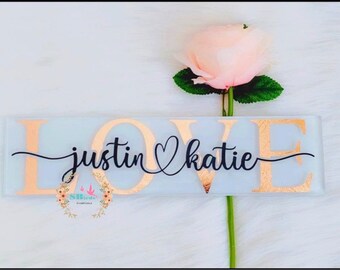 Personalized Decorative LOVE Glass Tile Custom Made Home Decor Couple Names Beautiful Display Unique Gift
