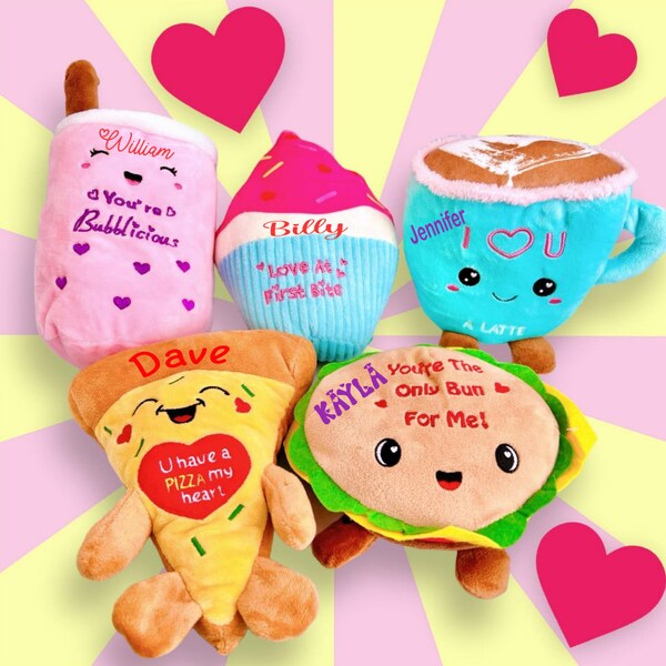 8" Personalized Valentine's Cupcake Latte coffee Pizza Burger Soft Plush with name, Food Stuffed Toy, Valentine's gift basket stuffer kids