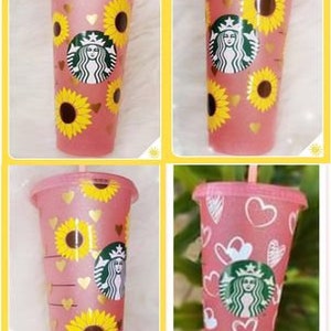 Starbucks Personalized Custom Glitter Cup with name, Starbuck sunflower hearts Cold Cup Tumbler, Iced coffee cup, Personalized gift