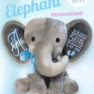 Personalized Elephant for Baby Girl Boy, Baby Shower Gift, Newborn gift, Birth Announcement, Baby Stuffed Animal, Baby Stat Plush Animal
