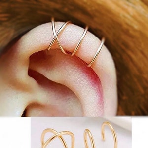 Minimalist Gold/Surgical Steel Silver Crisscross double ear cuff, double loops ear cartilage earrings, no piercing Dainty earrings