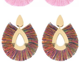 Fan Tassel Dangle Earrings, Pink/Rainbow, Round Tassel Fringe earrings boho, teardrop tassel earrings gold, spreading dress earrings