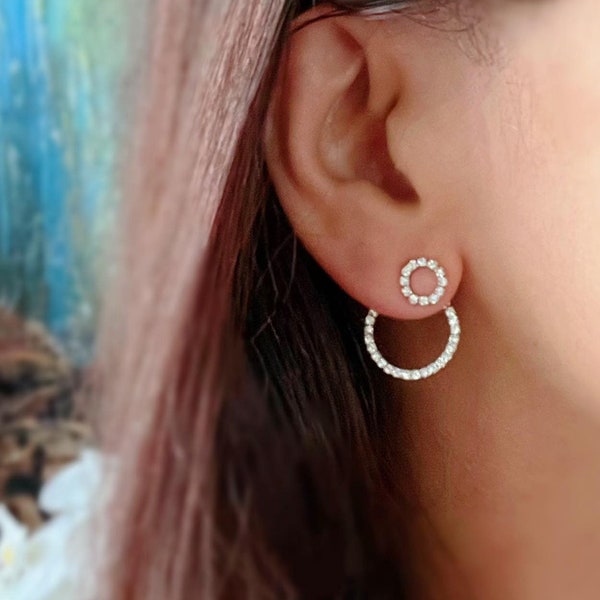 Gold/Silver Double Circles Crytals Earrings ear jacket, front back earrings, Geometric earrings, Minimalist Modern earrings, circle earrings