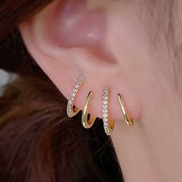 Gold/Silver Sparkling CZ 4 hoops cuffs claw Climber earrings, 4 hoops in 1 wavy ear cuff,  ear crawler, curved  sleek Minimalist earrings