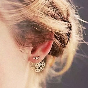Gold Zodiac Sun and Stars ear jacket earrings, Sun star sign astrology earrings, front back earrings, lucky wheel horoscope dainty earrings