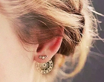 Gold Zodiac Sun and Stars ear jacket earrings, Sun star sign astrology earrings, front back earrings, lucky wheel horoscope dainty earrings