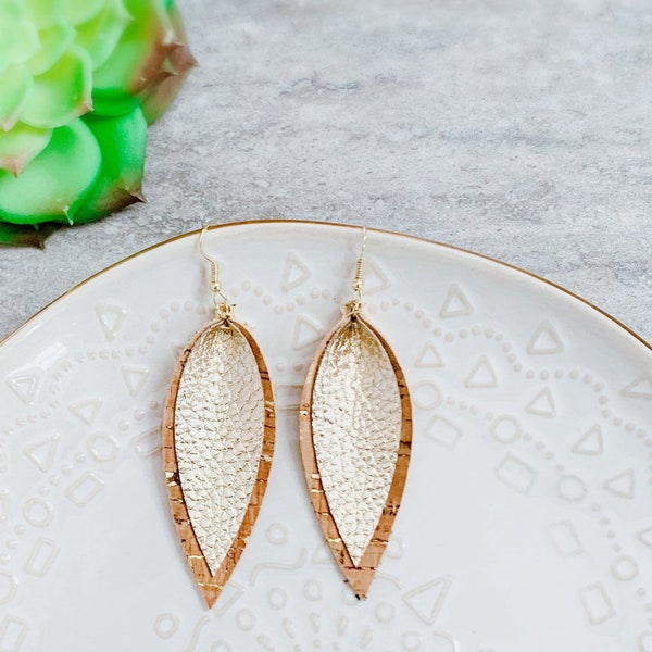 Leaf earrings with Natural Cork gold flecks, Cork Teardrop earrings, double layer Gold leaf earrings, pointy long leaf lightweight earrings