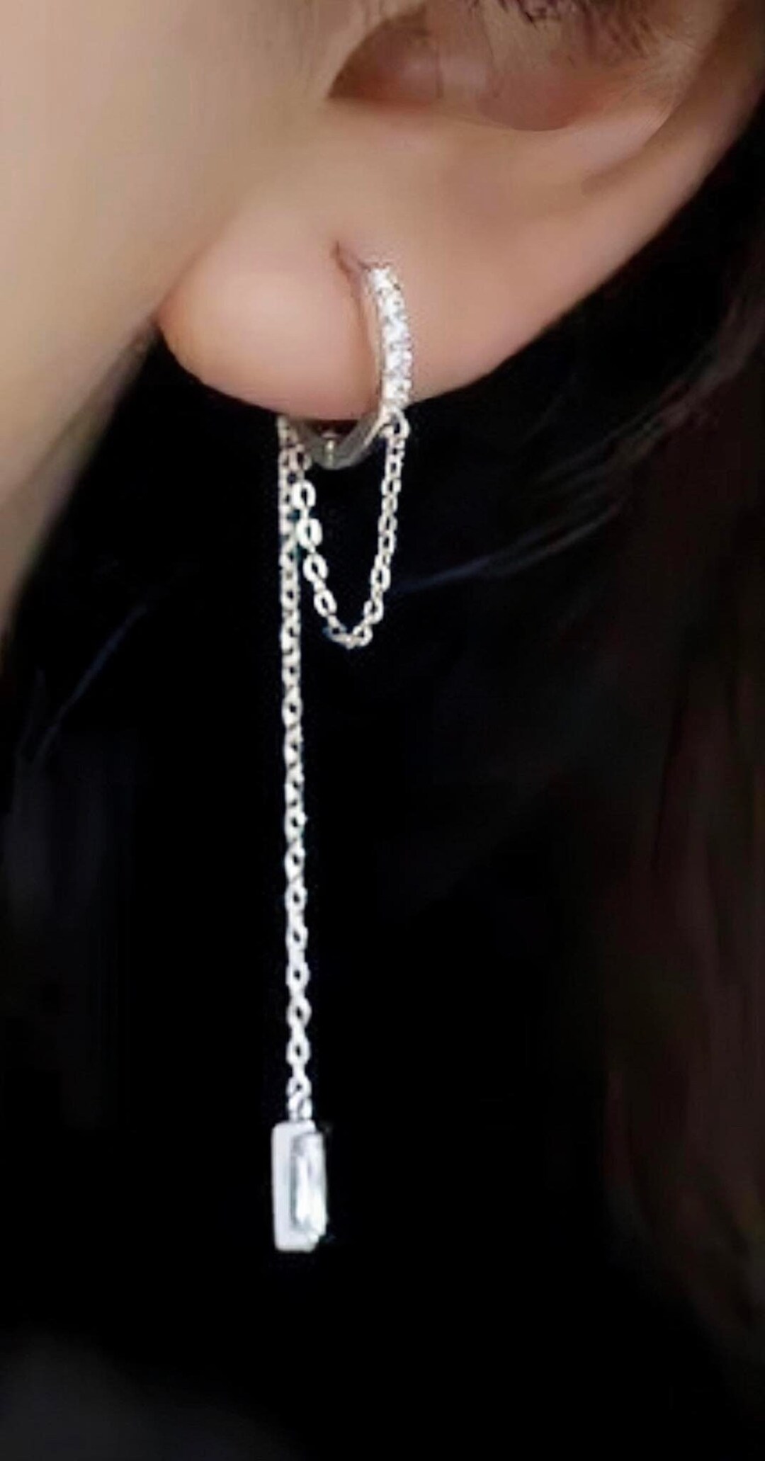 Ear Accessory With Chain Stainless Steel Hoop Chains With Crytals Earringss, Hoop Loops Chains ...