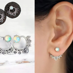 Silver Opal Lotus earrings Ear jacket , Angel Wings fairy earrings, front back earrings, Ethnic Indian tribe earrings, Boho earrings