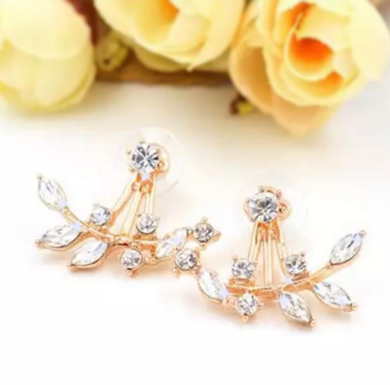 Gold/silver Crystal Leaf Cluster Bridal Ear Jacket Ear Etsy