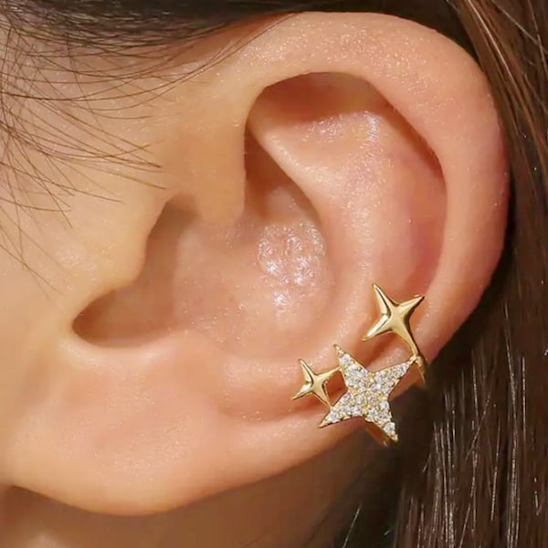 14K Gold plated/Stainless Steel stars paved crystals ear cuff, Triple twinkle stars earrings, stars stud astrology earrings, star jewelry