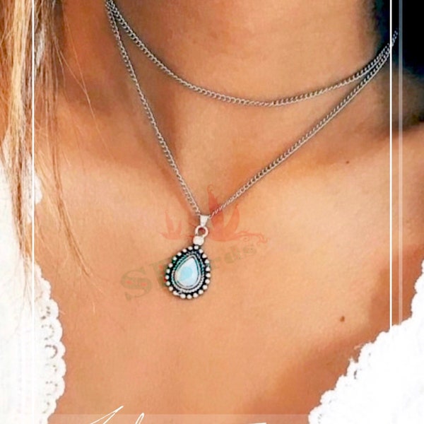 Silver Double Tear drop necklace, Teardrop necklace, opal stone necklace, two tier teardrop necklace, layered necklace, choker necklace