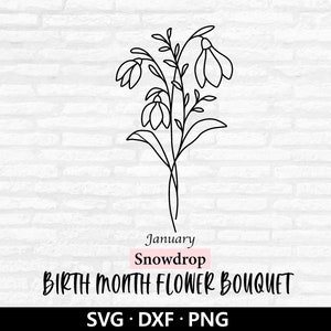 Ramo de flores de campanilla de invierno SVG, ramo de flores del mes de nacimiento Vector, flores Png, flores del mes de nacimiento, archivos de corte de flores de enero Descarga digital