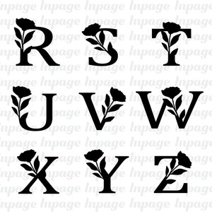 Pu&ograve; includere: Lettere dell'alfabeto floreale nero R, S, T, U, V, W, X, Y e Z. Ogni lettera &egrave; adornata da un motivo floreale. Le lettere sono in un carattere grassetto senza grazie e gli elementi floreali aggiungono un tocco decorativo.